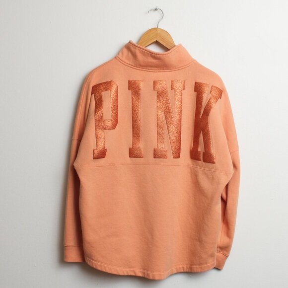 Pink Victorias Secret Varsity Half Zip Sweatshirt Womens Medium Peach Pullover - Picture 2 of 7